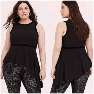 Torrid Black Crepe & Velvet Trim Asymmetrical Peplum Top